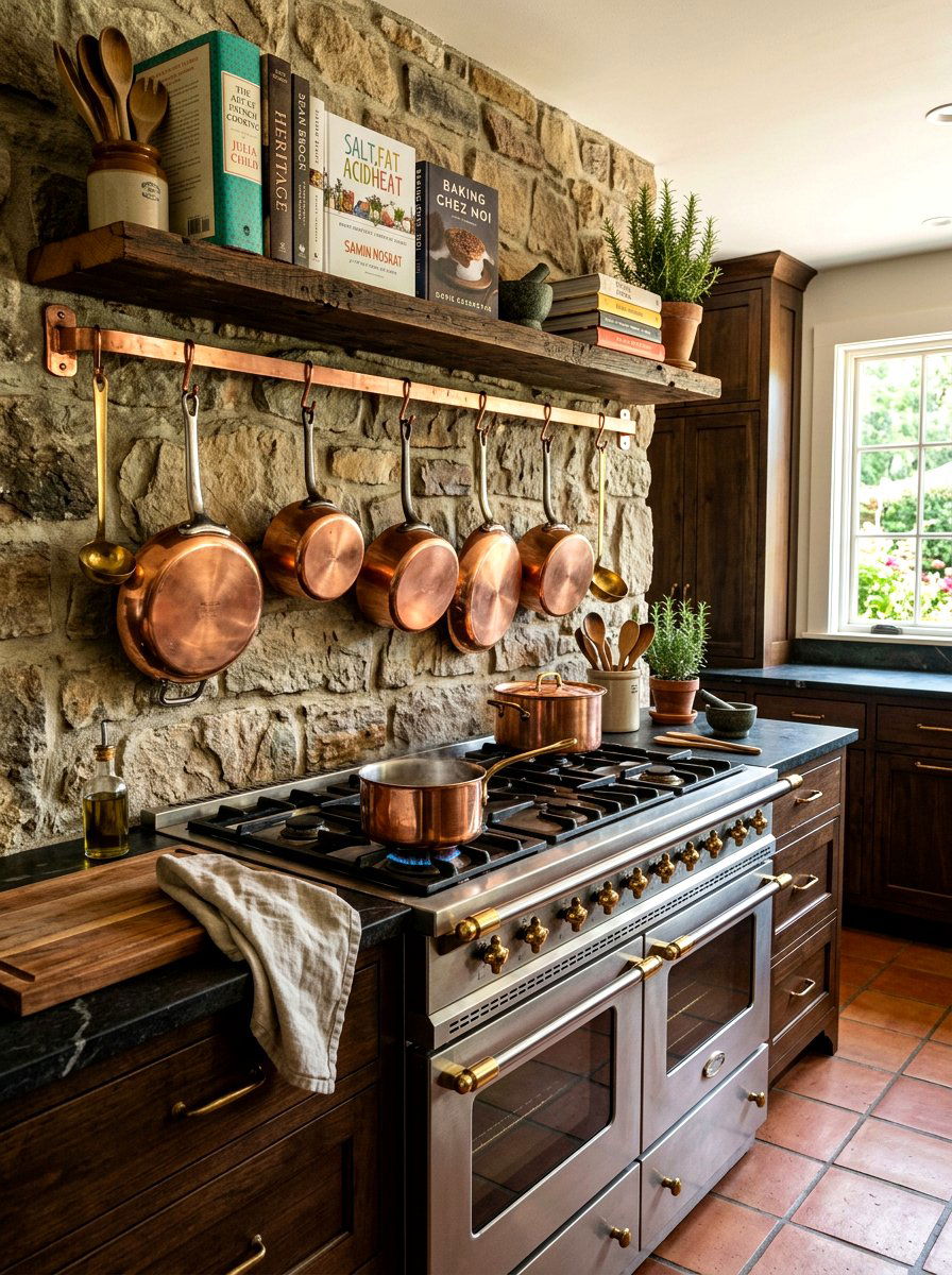 Integrated Copper Pot Rail - 30 heritage kitchen shelf ideas