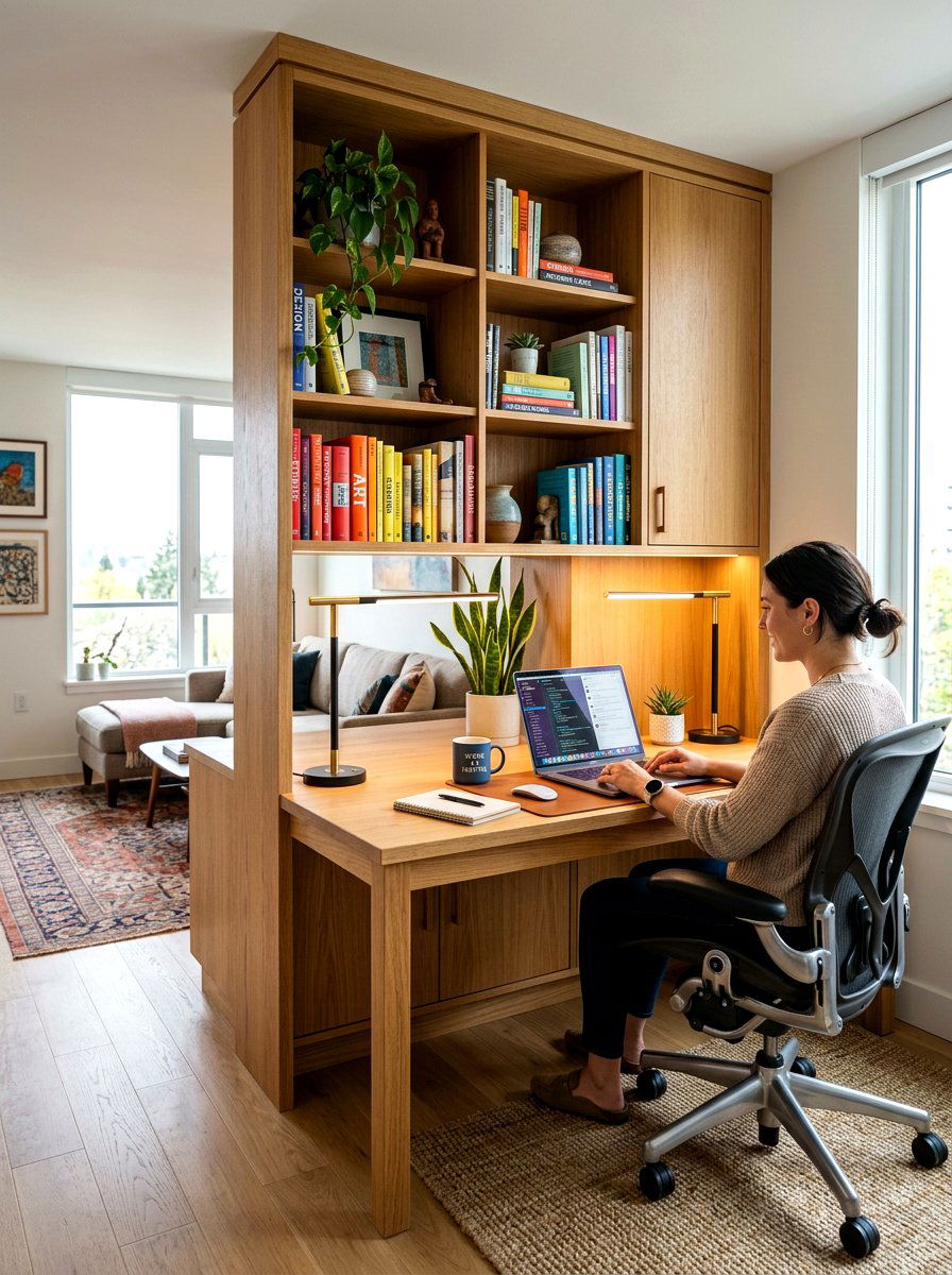 Integrated Desk Bookshelf Divider - 30 bookshelf divider apartment ideas