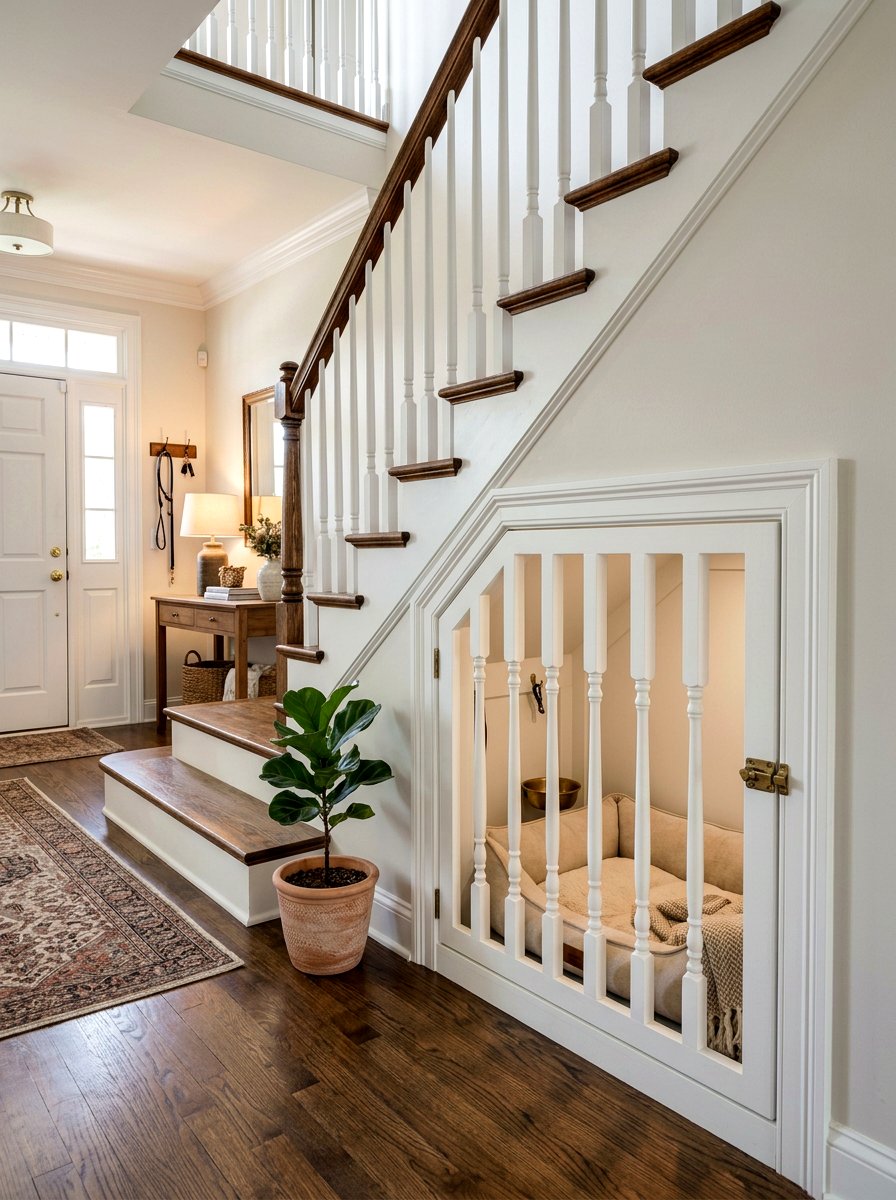 Integrated Dog Crate Under Entryway Stairs - 30 under stairs dog nook ideas