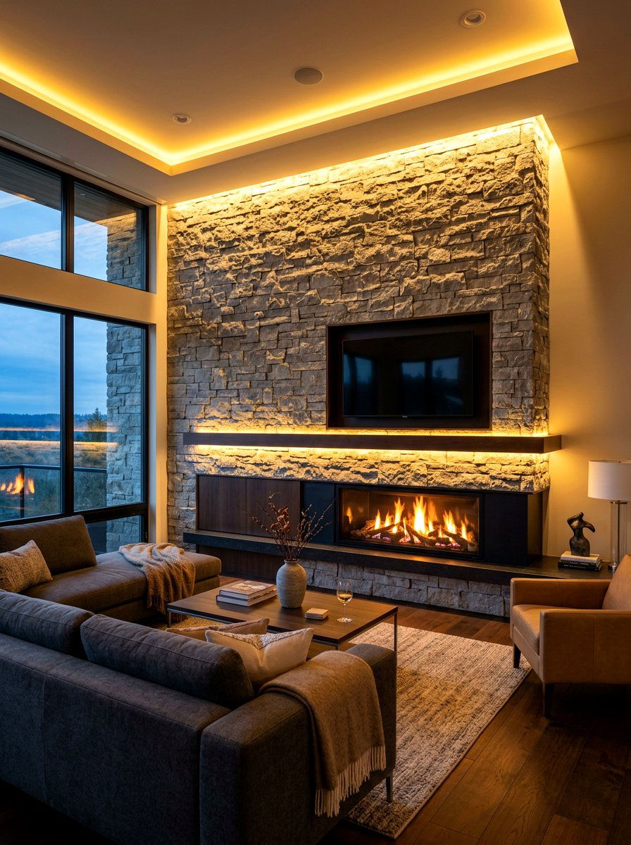 Integrated Fireplace Lighting - 30 fireplace wall living room ideas