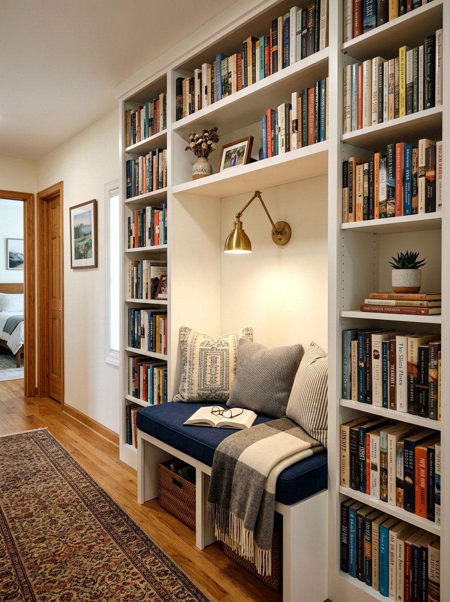 Integrated Hallway Reading Nook - 30 hallway bookshelf ideas