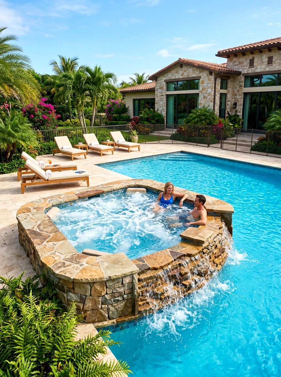 Integrated Hot Tub Spa - 30 resort backyard pool ideas