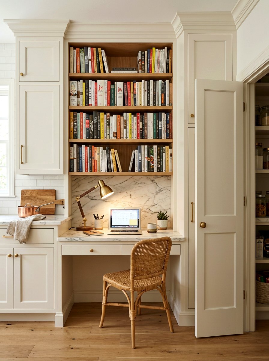 Integrated Kitchen Desk - 30 kitchen cookbook storage ideas