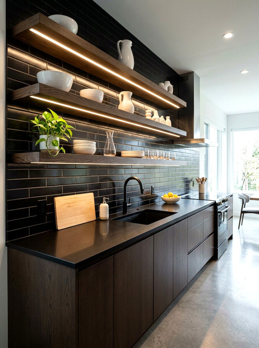 Integrated Kitchen Shelf Lighting - 30 moody lamp lit kitchen ideas