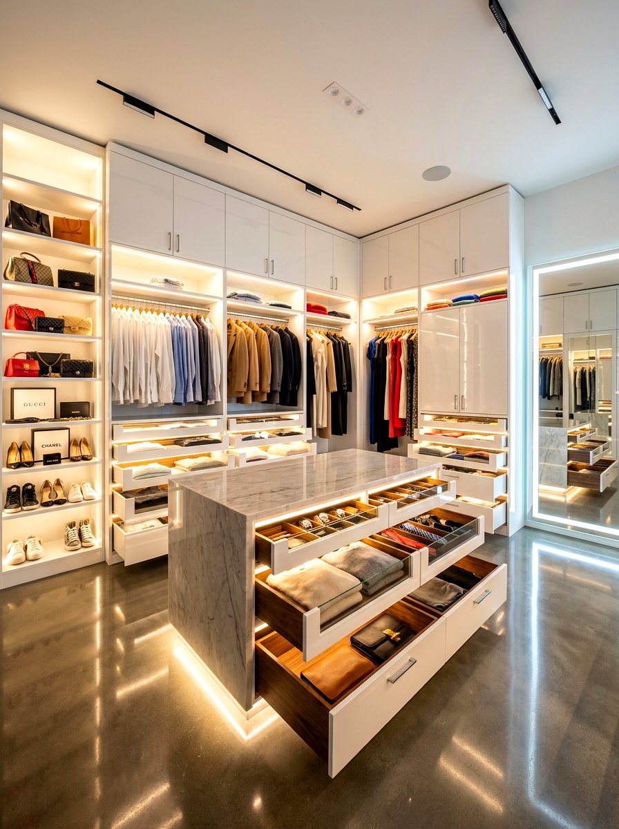 Integrated LED Closet Lighting - 30 closet island storage ideas