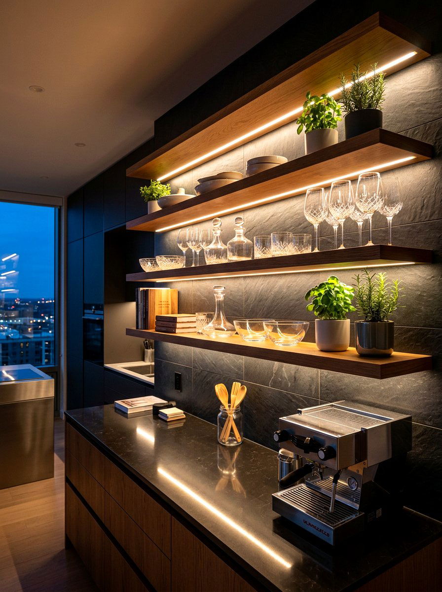 Integrated LED Kitchen Shelves - 30 open shelving kitchen decor ideas