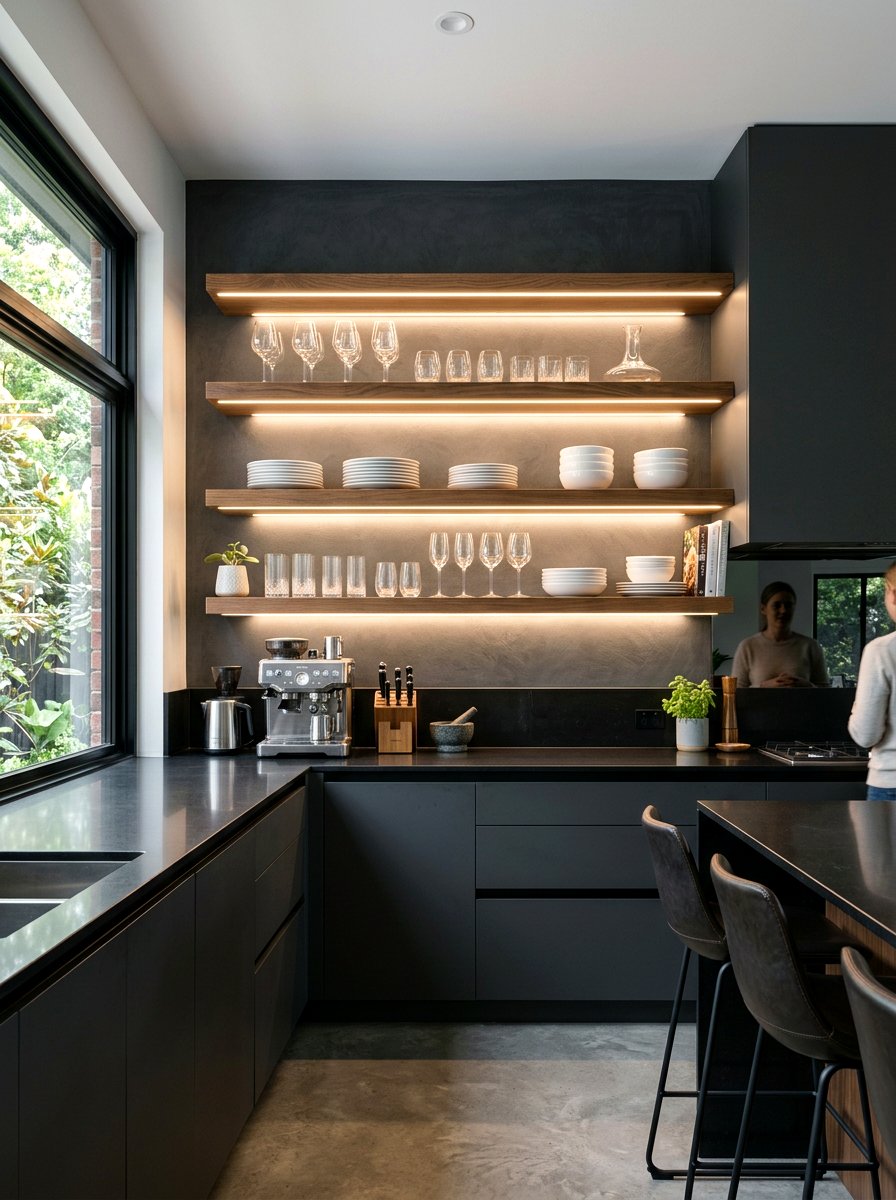Integrated LED Kitchen Shelving - 30 kitchen open shelf styling ideas