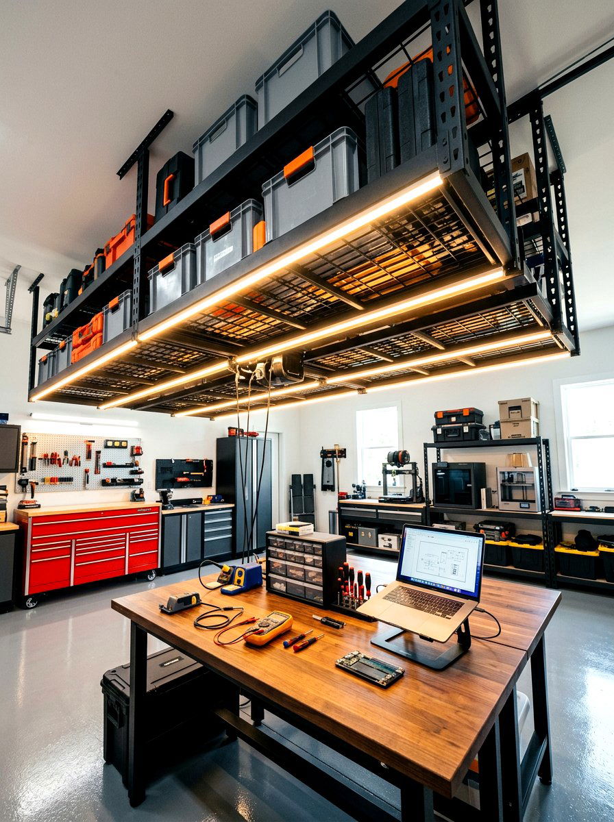 Integrated LED ceiling storage - 30 garage ceiling storage ideas