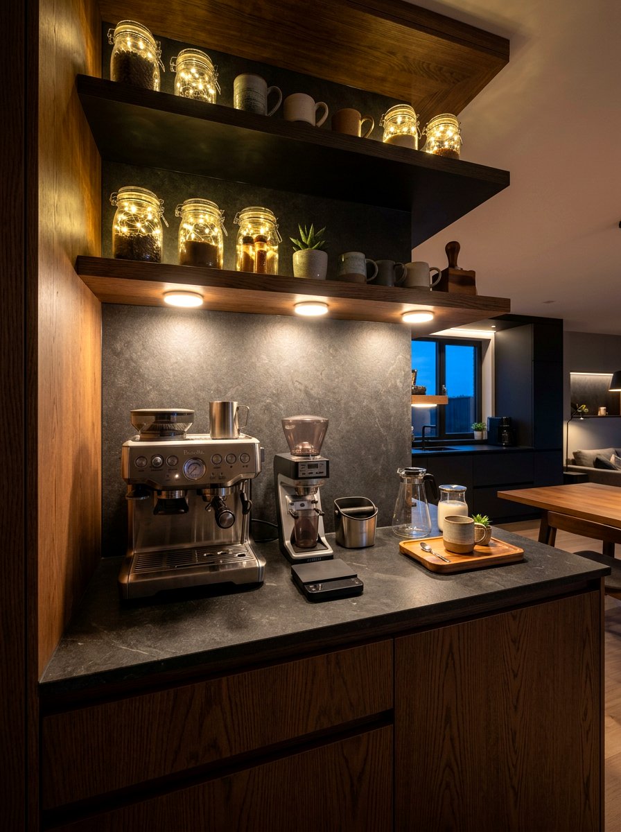 Integrated Lighting Coffee Station - 30 coffeehouse kitchen corner ideas