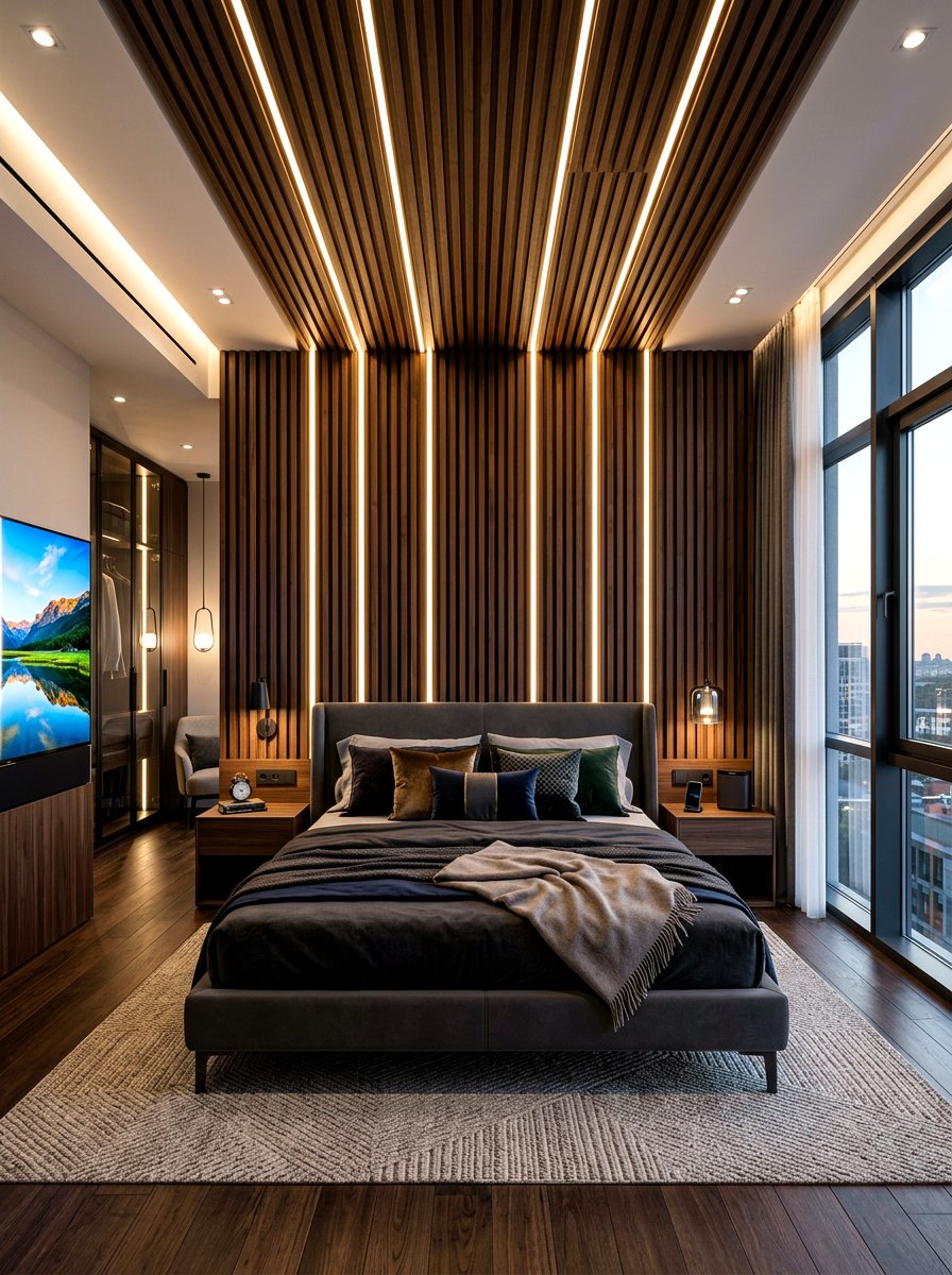 Integrated Lighting Slat Wall - 30 slat wall headboard ideas