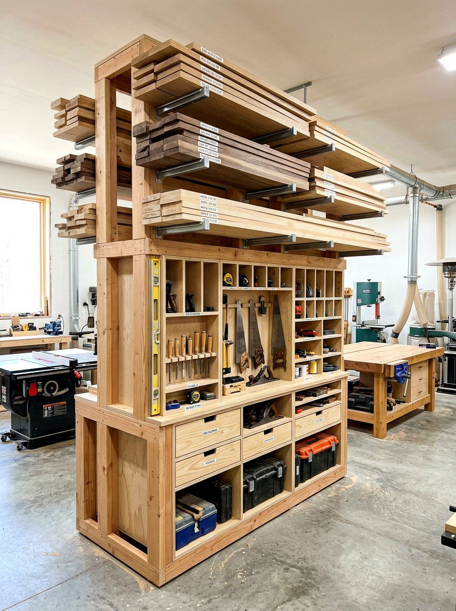 Integrated Lumber Rack - 30 power tool storage ideas
