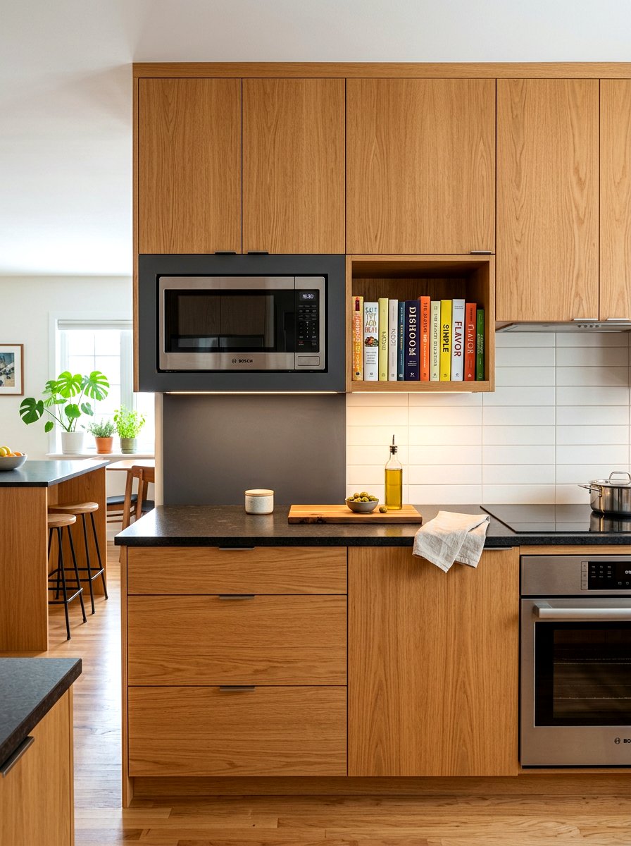 Integrated Microwave Nook - 30 cookbook display kitchen ideas