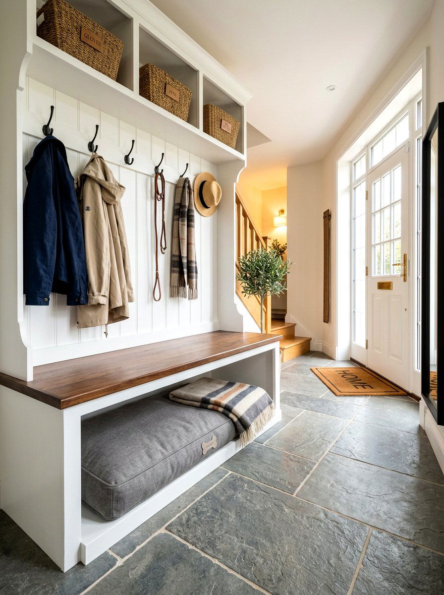 Integrated Mudroom Bench Pet Bed - 30 pet bed nook ideas