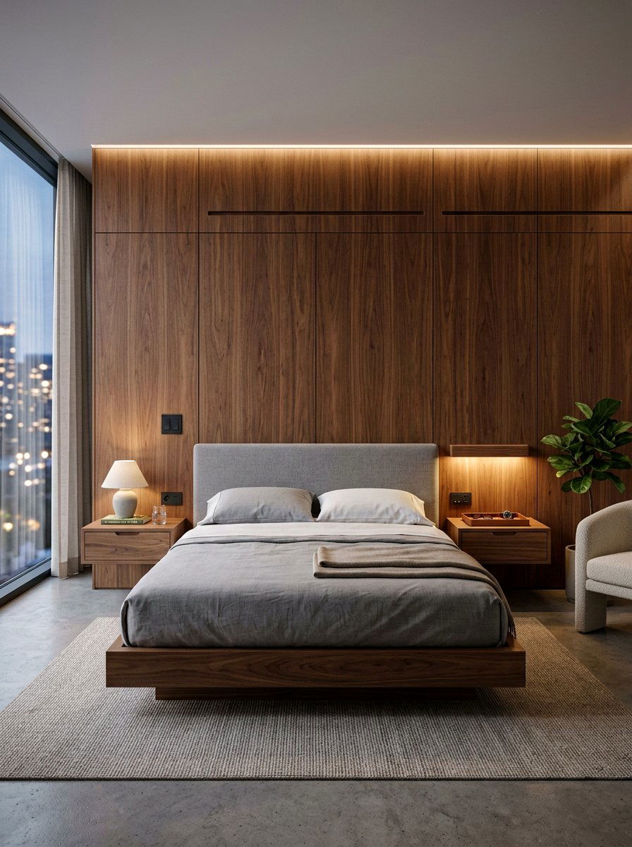 Integrated Nightstand Wood Wall - 30 wall wrapped headboard ideas