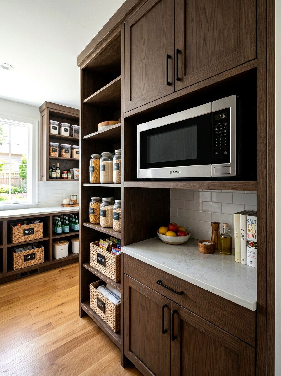 Integrated Pantry Microwave Shelf - 30 butler pantry storage ideas
