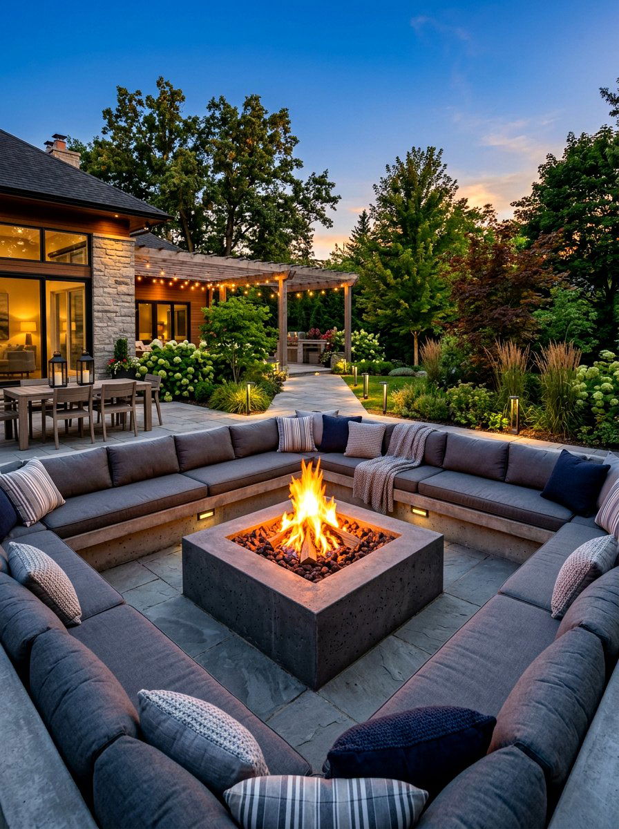 Integrated Seating Fire Pit - 30 square fire pit ideas
