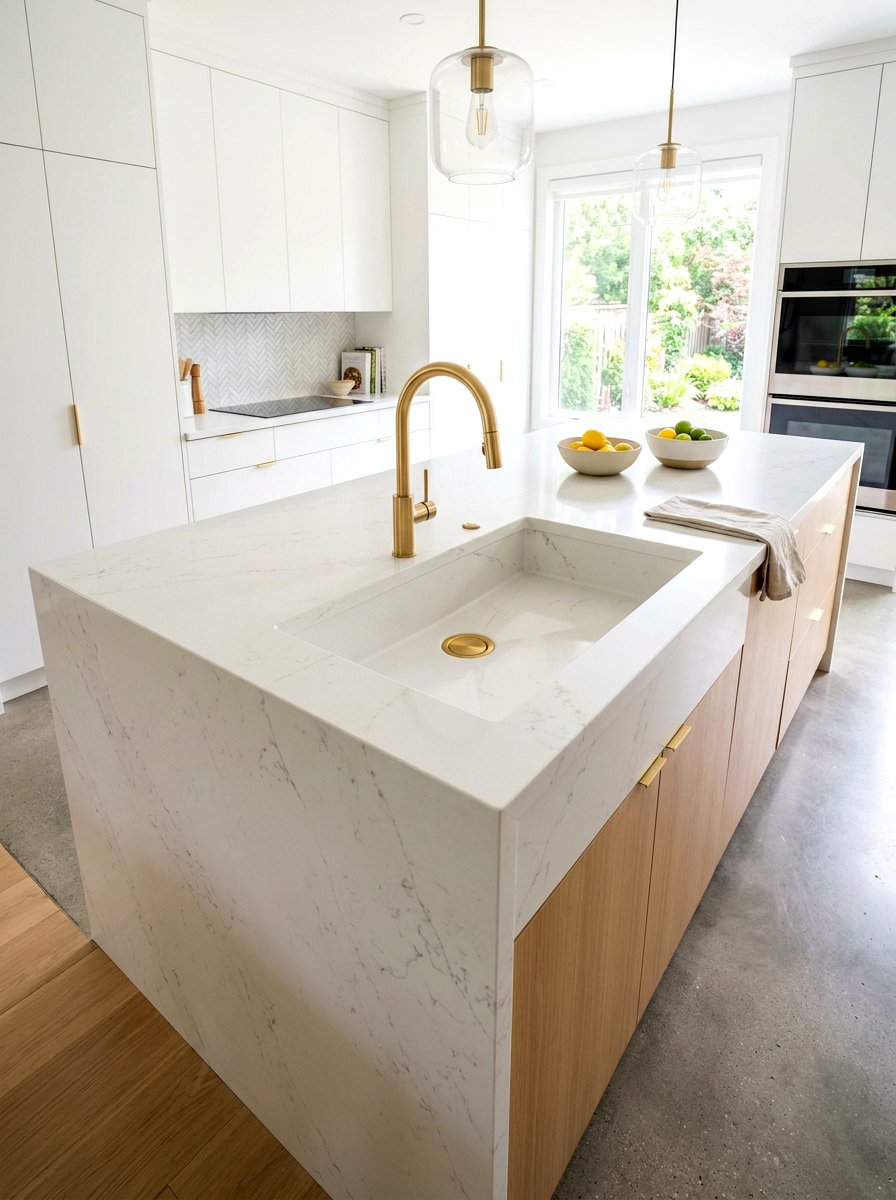 Integrated Sink Waterfall Island - 30 waterfall countertop ideas
