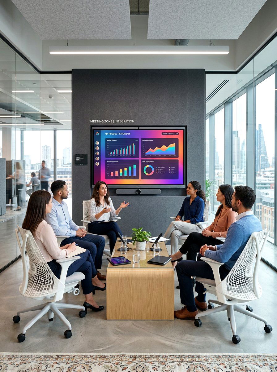Integrated Smart Screen Meeting Zone - 30 office meeting corner ideas