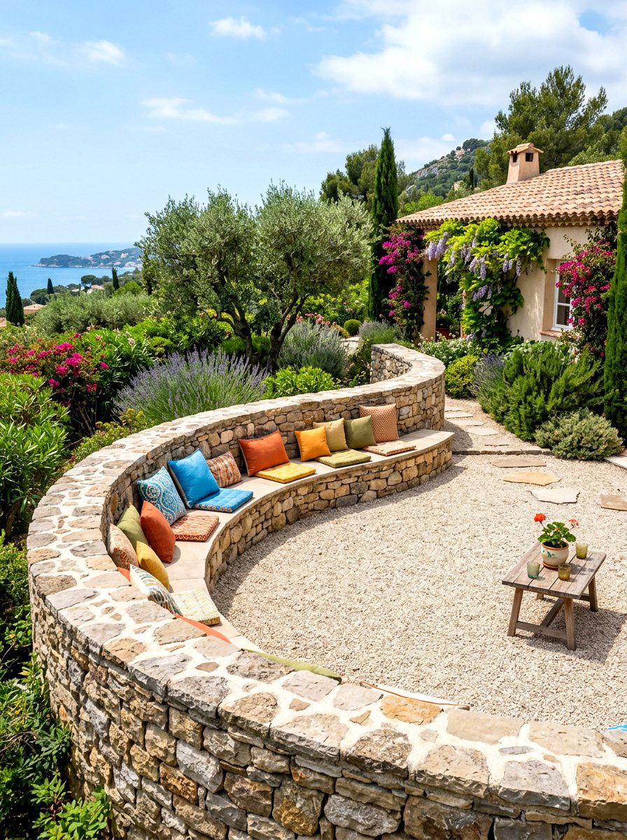 Integrated Stone Wall Seating - 30 Tuscan revival patio ideas