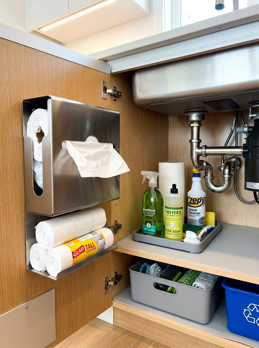 Integrated Trash Bag Dispenser - 30 under sink kitchen organization ideas