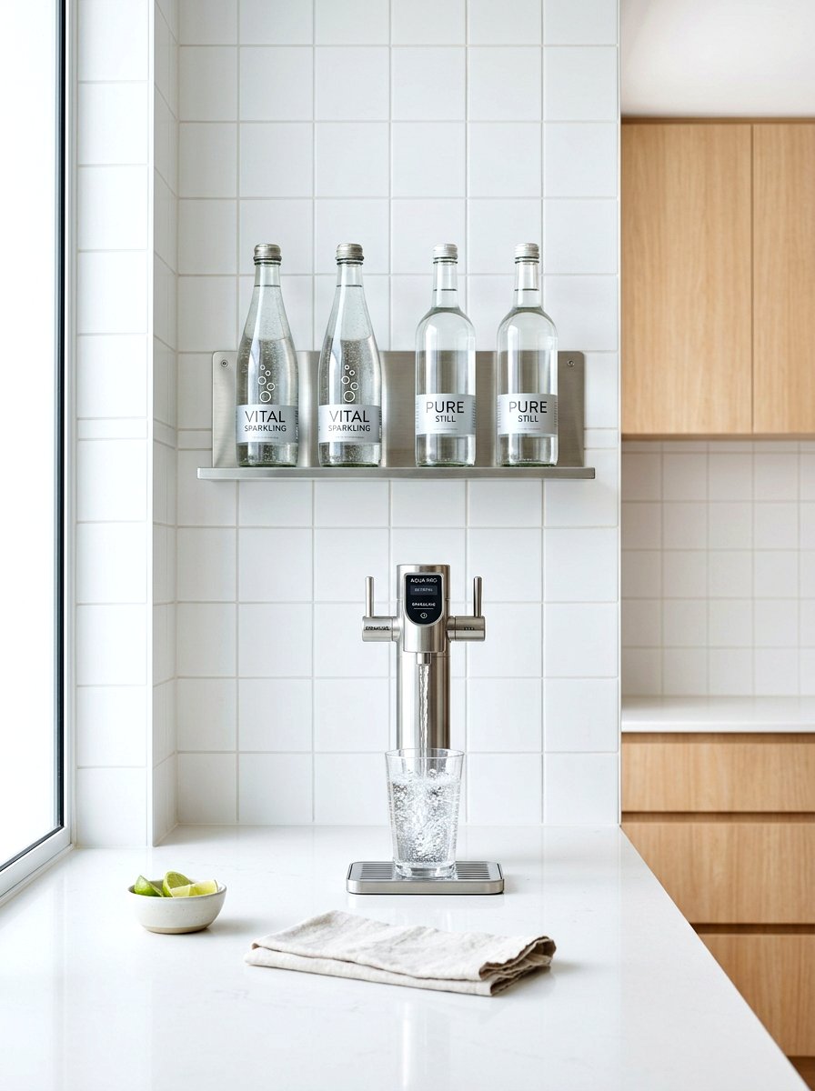 Integrated Water Dispenser Bar - 30 beverage pantry ideas aesthetic