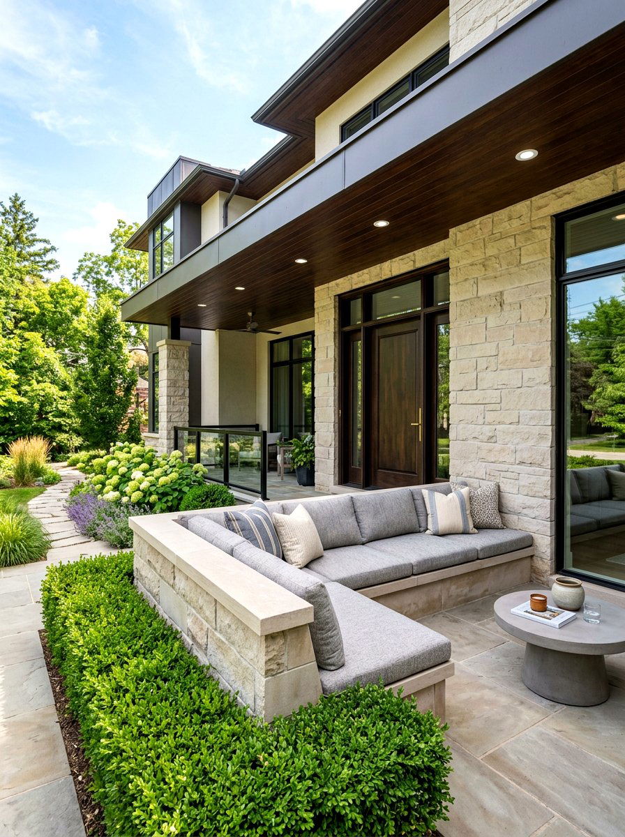 Integrated architectural porch seating - 30 quiet luxury curb appeal ideas