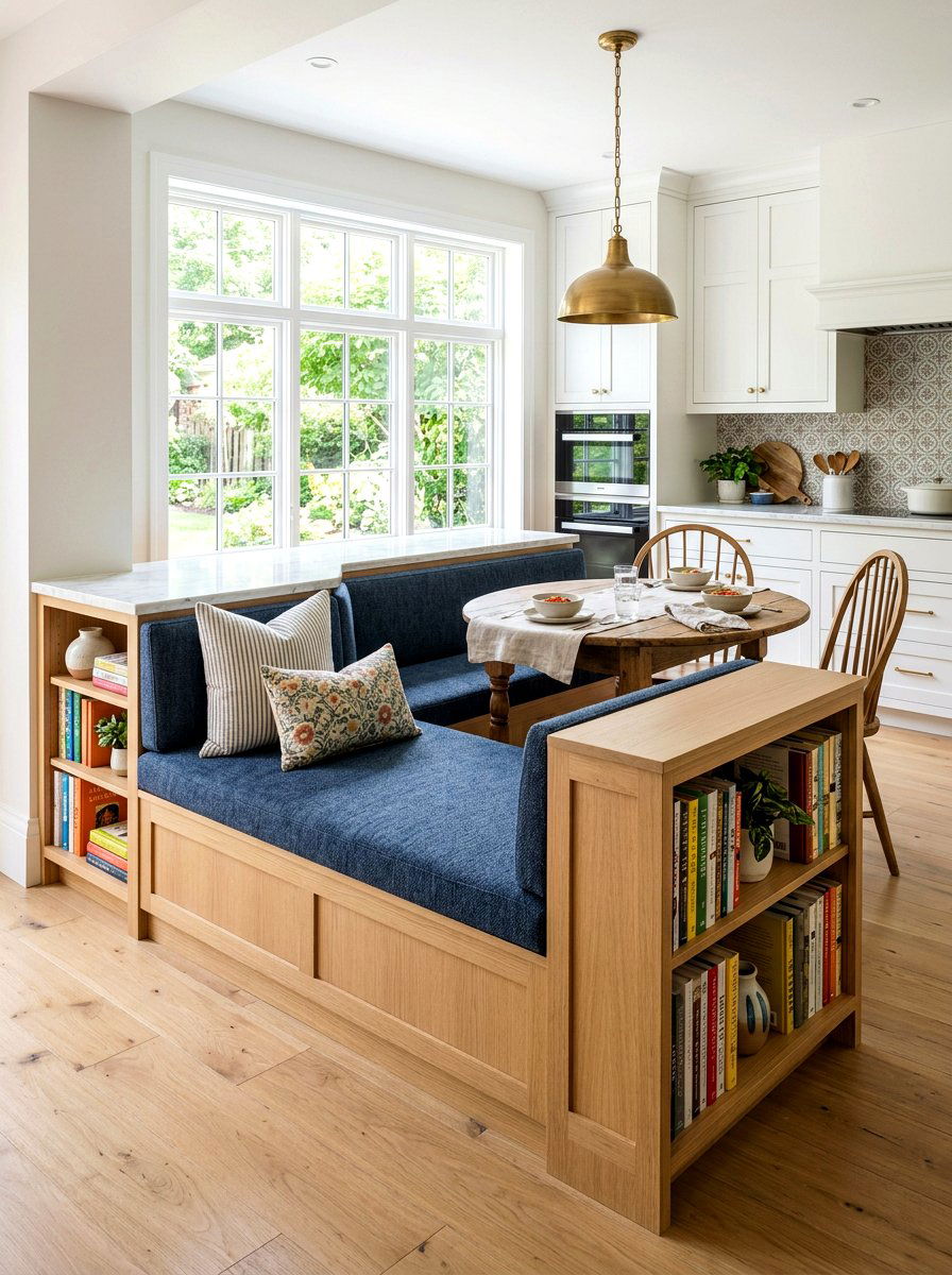 Integrated bench and island bookshelf - 30 island bookshelf ideas