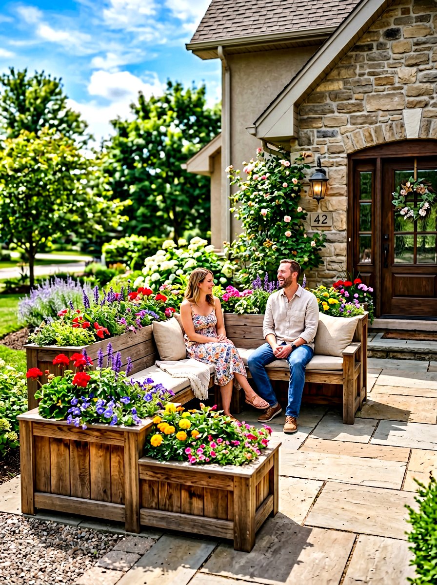 Integrated bench planters - 30 front yard planter ideas