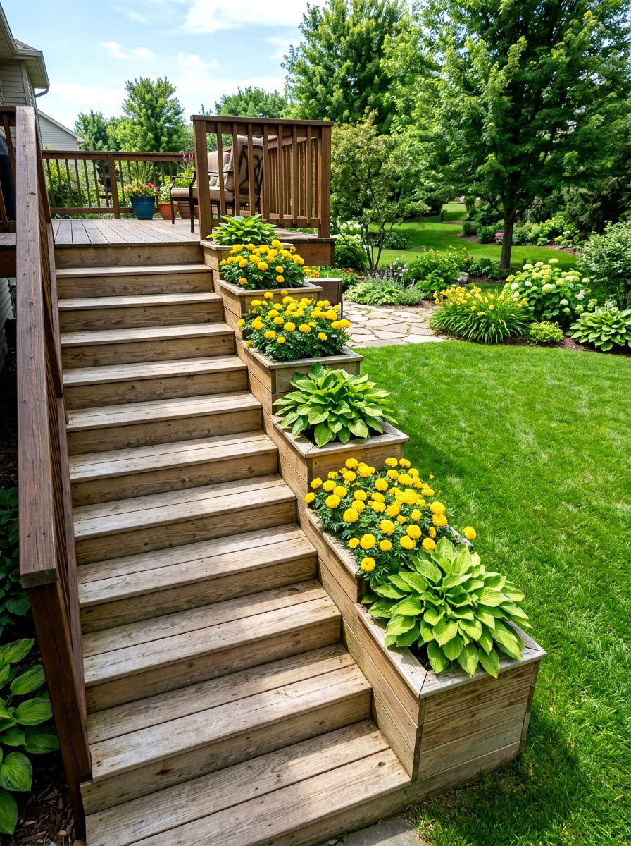 Integrated deck step planters - 30 deck planter ideas