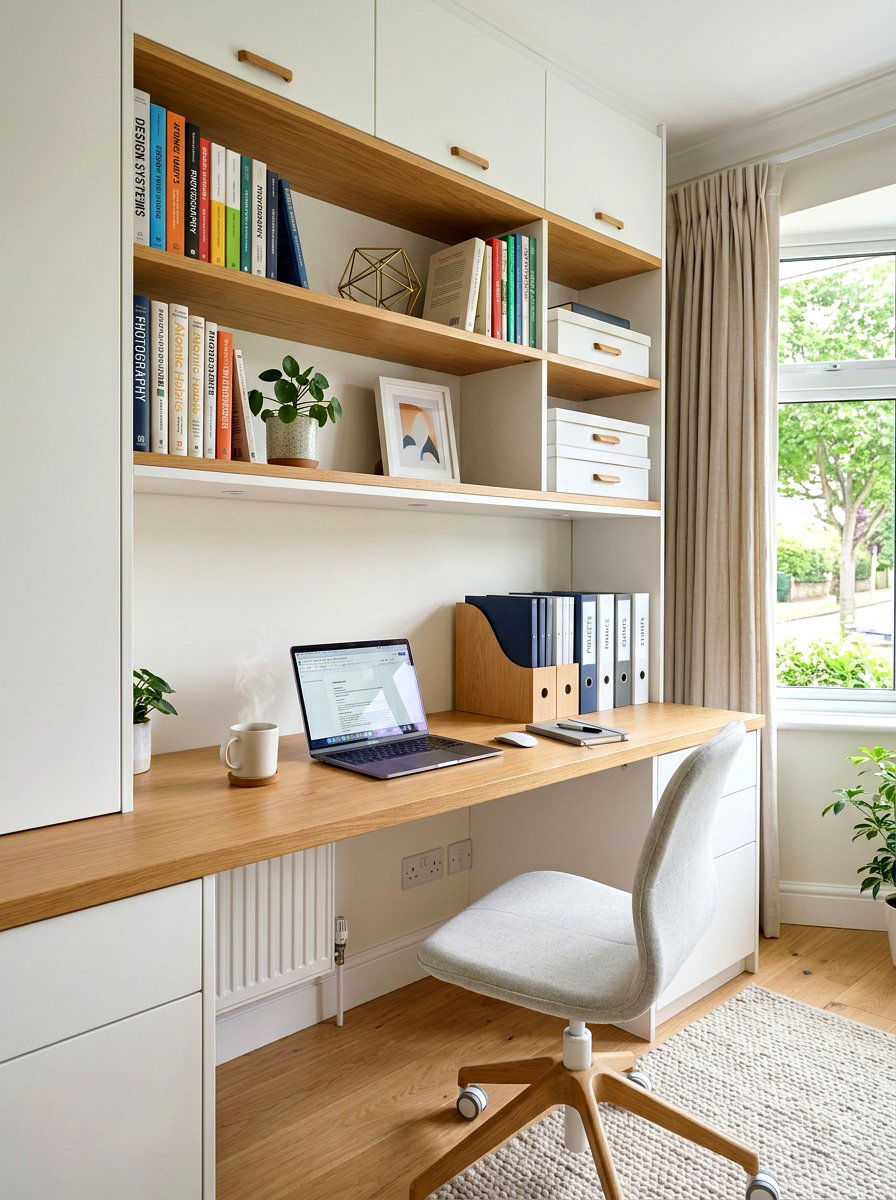 Integrated desk shelving - 30 office shelving styling ideas
