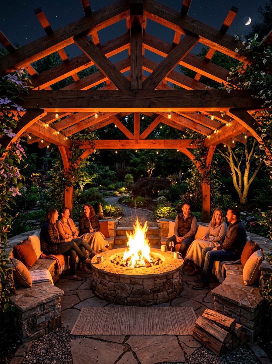 Integrated fire pit - 30 pergola lighting ideas