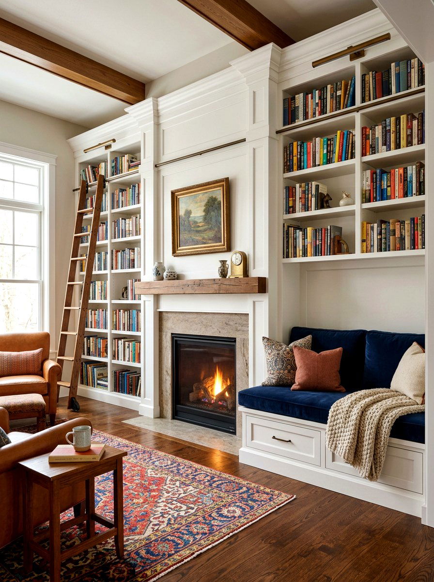 Integrated fireplace bookshelves seating - 30 hearth seating ideas