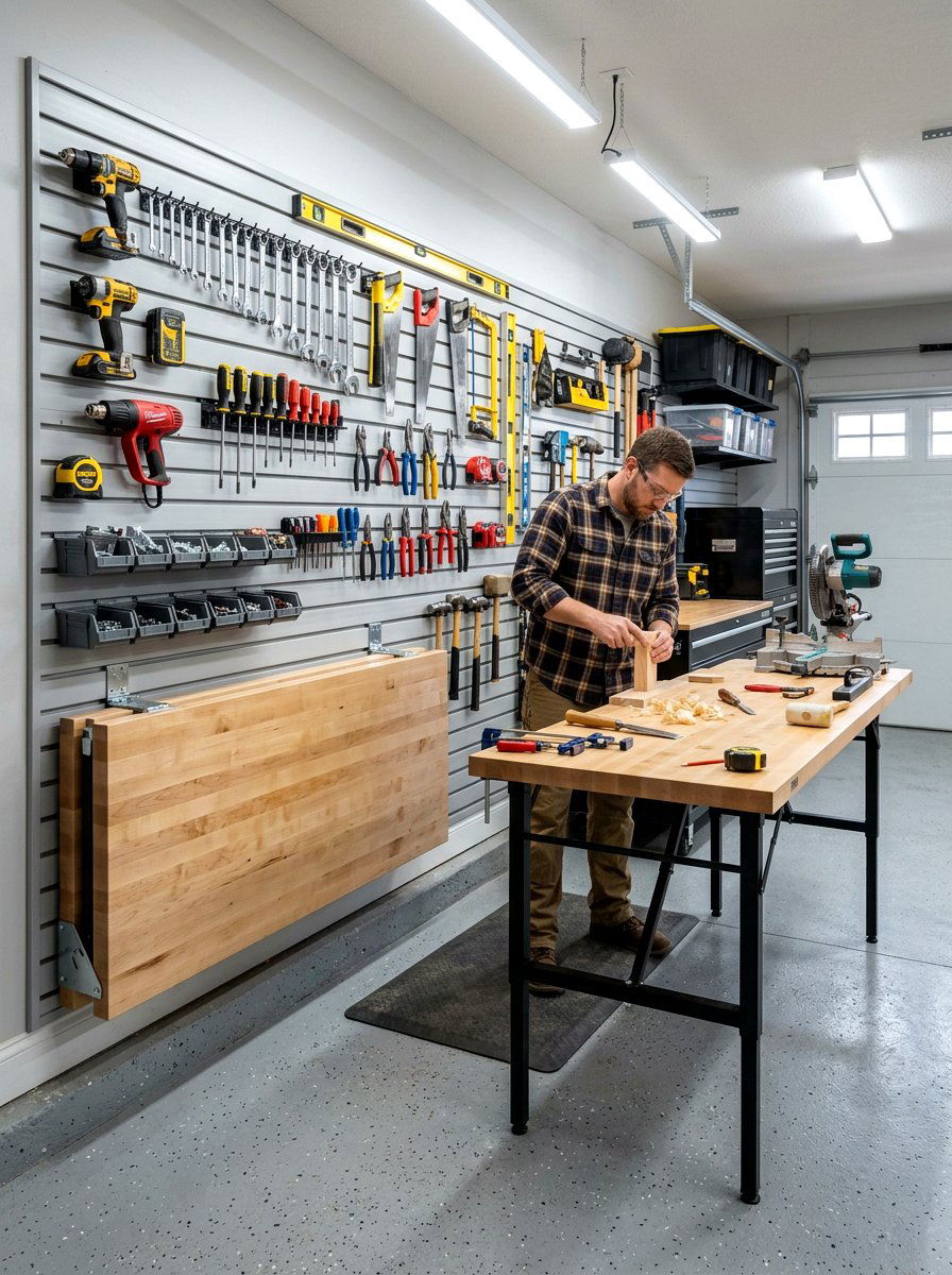 Integrated folding workbench station - 30 garage slatwall ideas