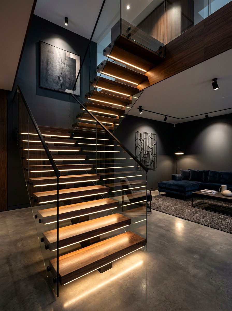 Integrated lighting for living room steps - 30 split level living room ideas