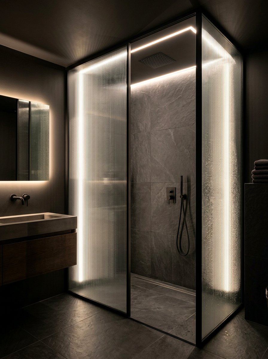 Integrated lighting ribbed glass shower - 30 ribbed glass shower ideas