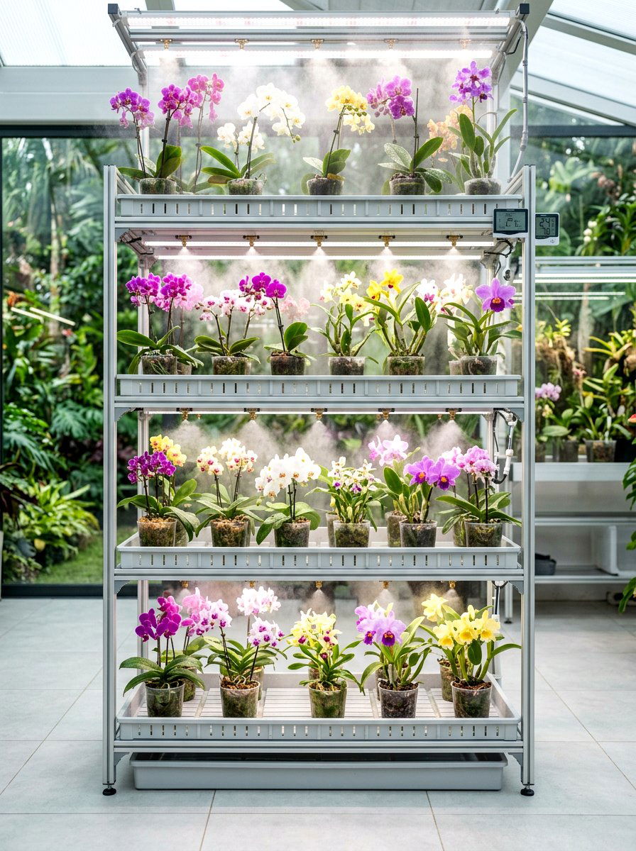 Integrated misting shelves - 30 greenhouse shelving ideas