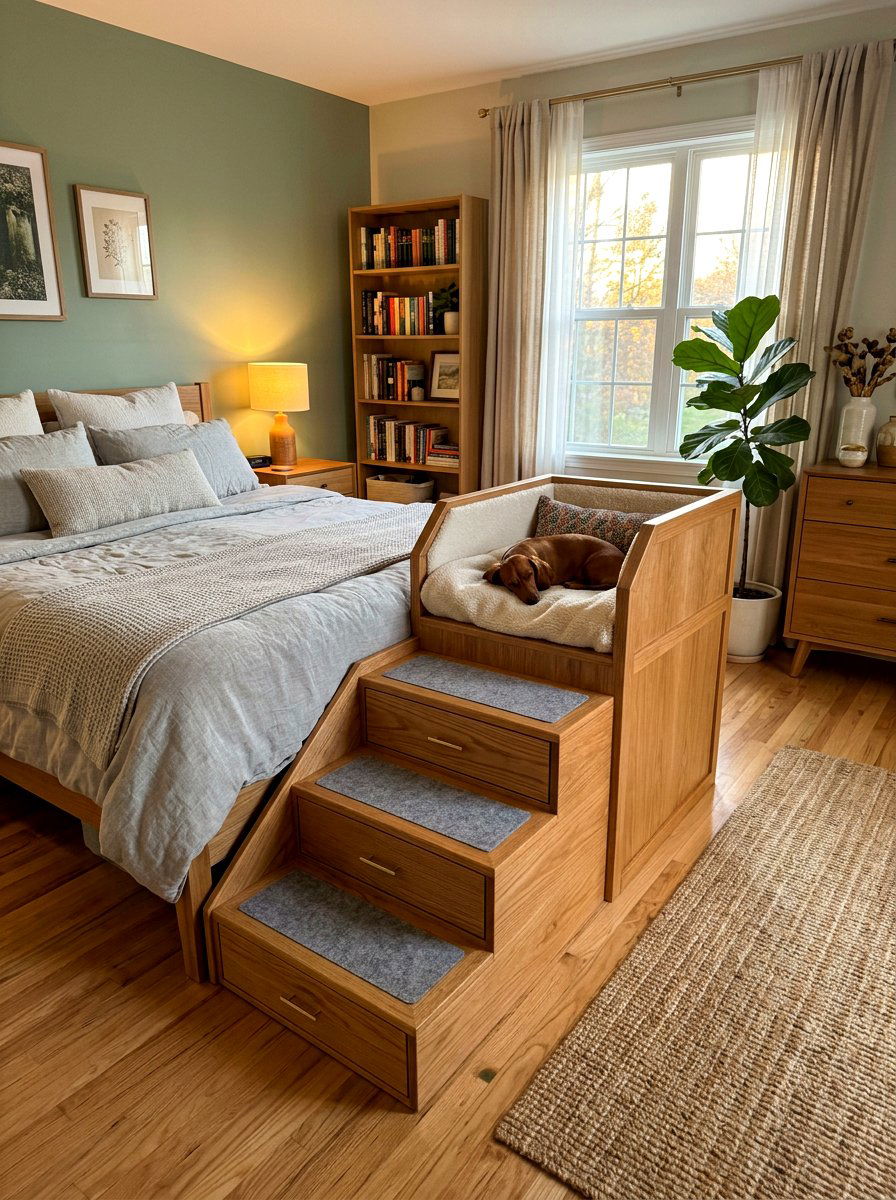 Integrated pet stairs bed - 30 pet nook apartment ideas