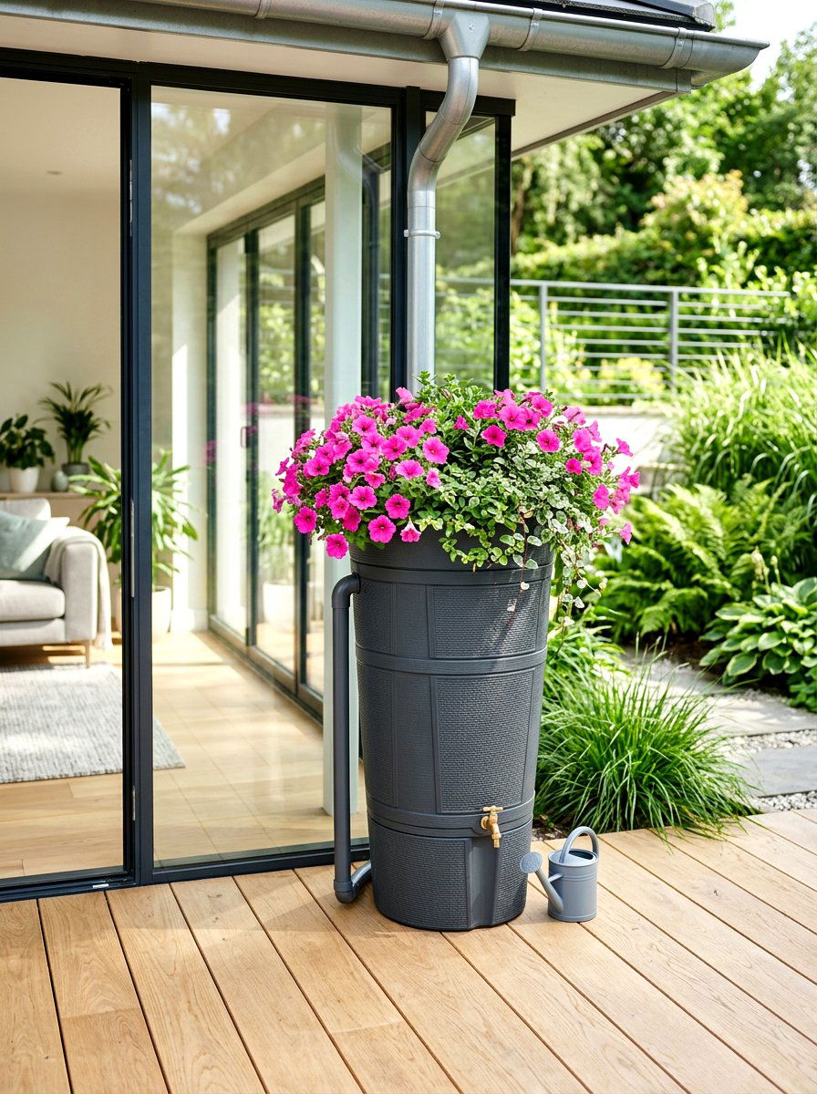 Integrated planter top rain barrel - 30 rain barrel ideas