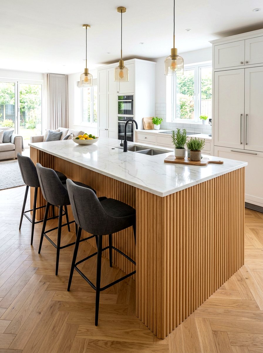 Integrated seating fluted kitchen island - 30 fluted kitchen island ideas