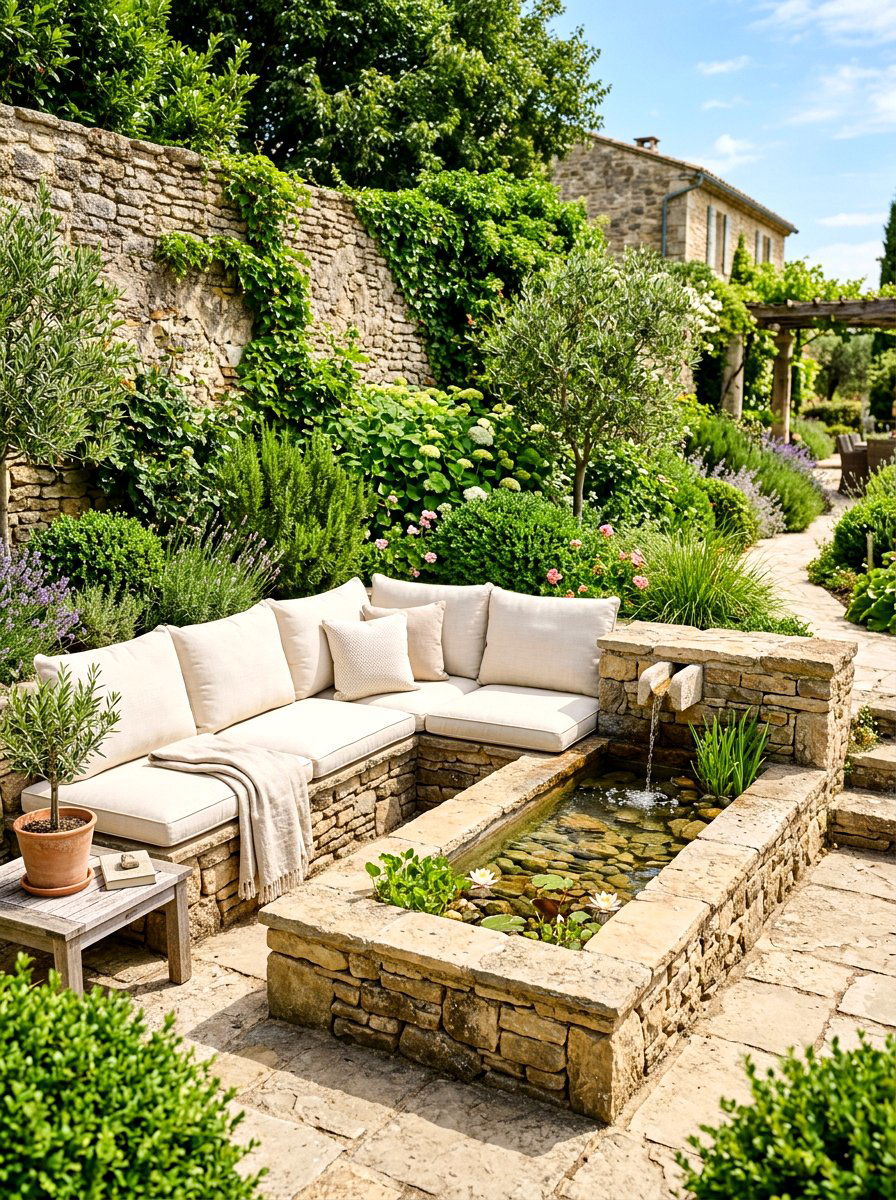 Integrated seating fountain - 30 courtyard fountain garden ideas