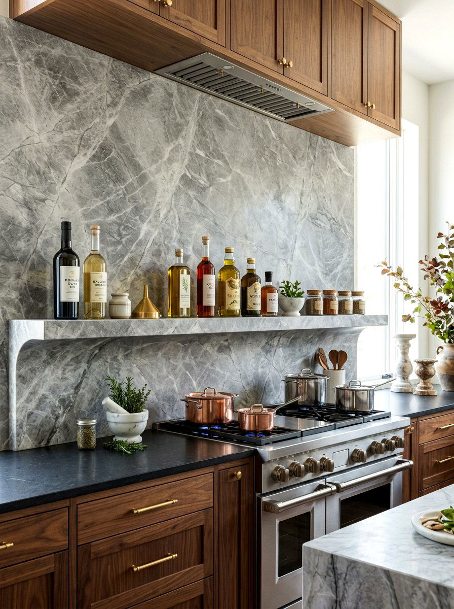 Integrated stone shelf backsplash - 30 slab stone backsplash ideas