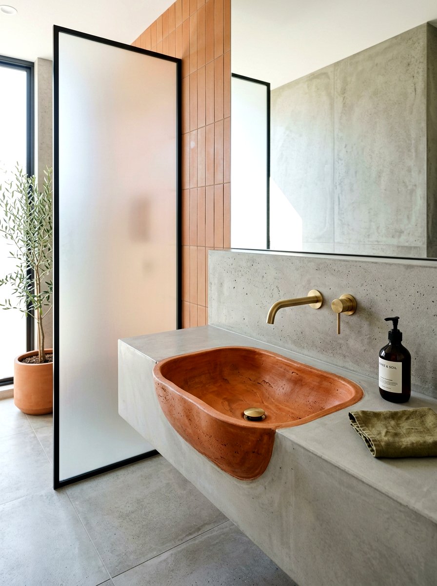 Integrated terracotta sink - 30 terracotta bathroom vanity ideas