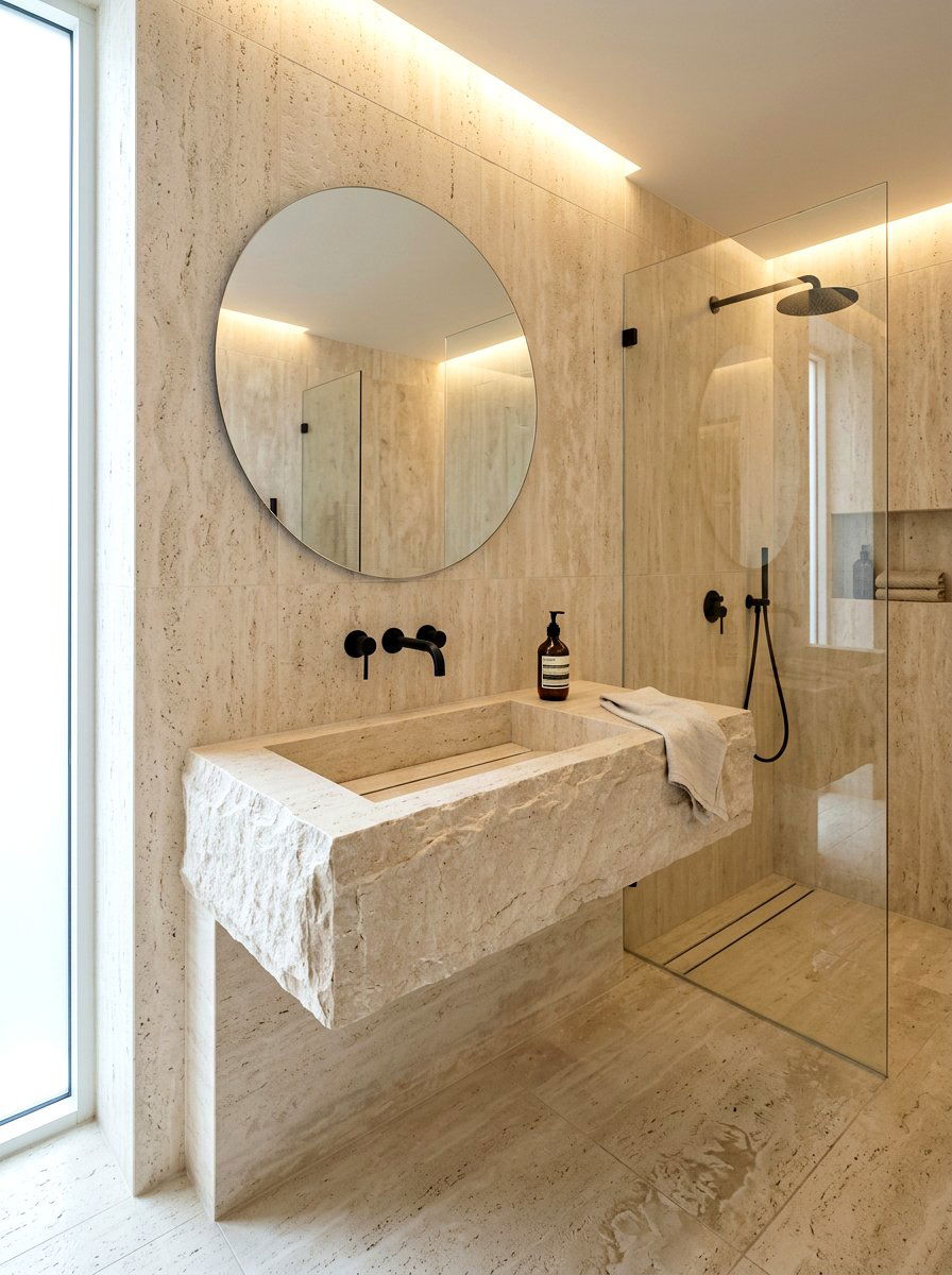 Integrated travertine sink - 30 travertine vanity bathroom ideas