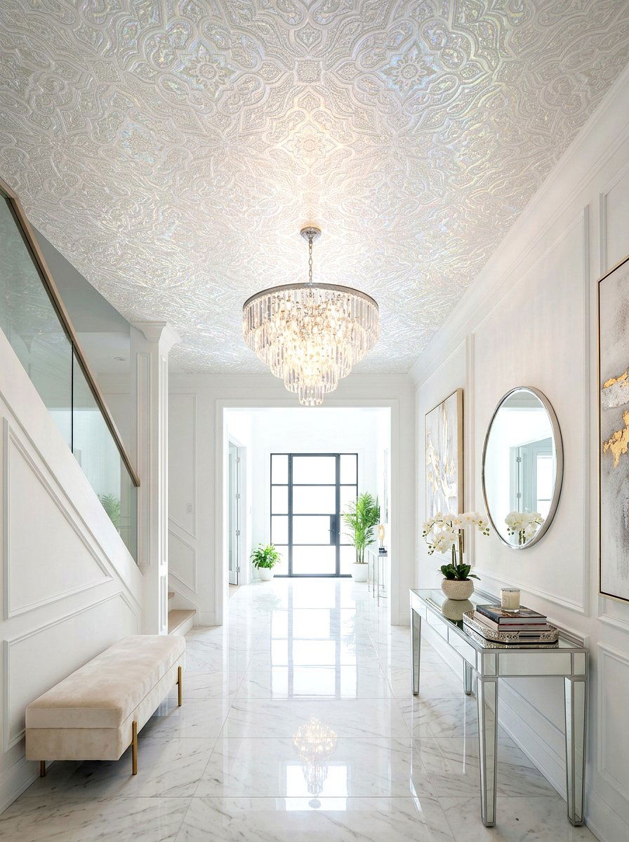 Iridescent Pearl Wallpaper Foyer - 30 wallpapered foyer ceiling ideas