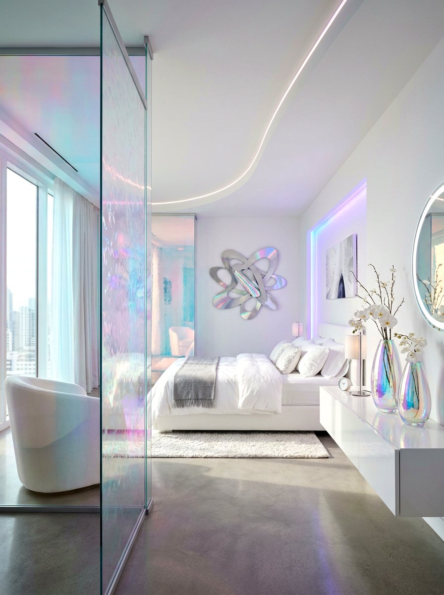 Iridescent glass decor bedroom theme - 30 futuristic glam bedroom ideas