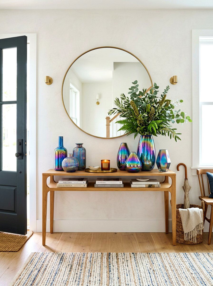 Iridescent glass vase display - 30 iridescent home decor ideas