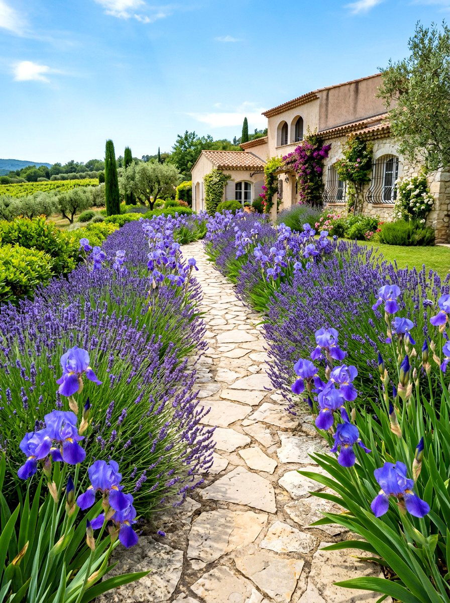 Iris and lavender walkway - 30 iris garden ideas