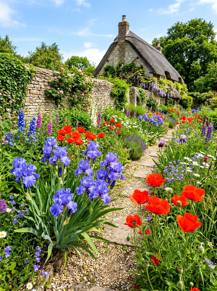 Iris and poppy cottage garden - 30 iris garden ideas