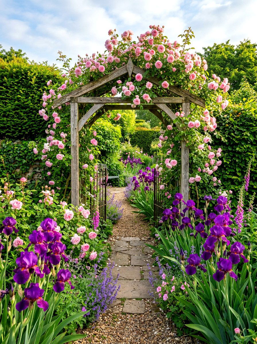 Iris and rose romantic garden - 30 iris garden ideas