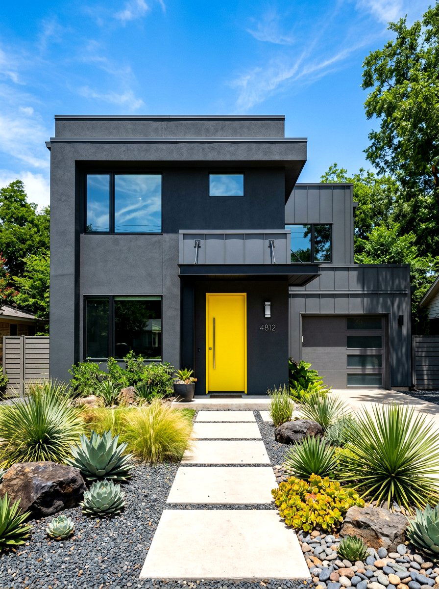 Iron Gray Exterior With Bright Yellow Door - 30 gray house exterior ideas